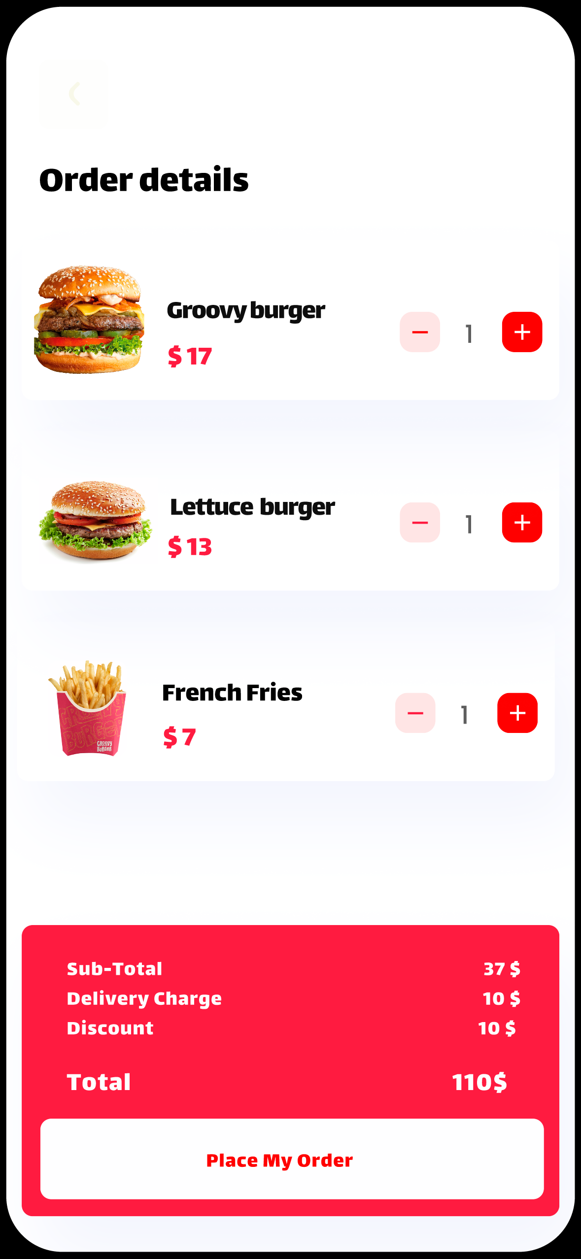 Groovy Burger mobile app order review screen