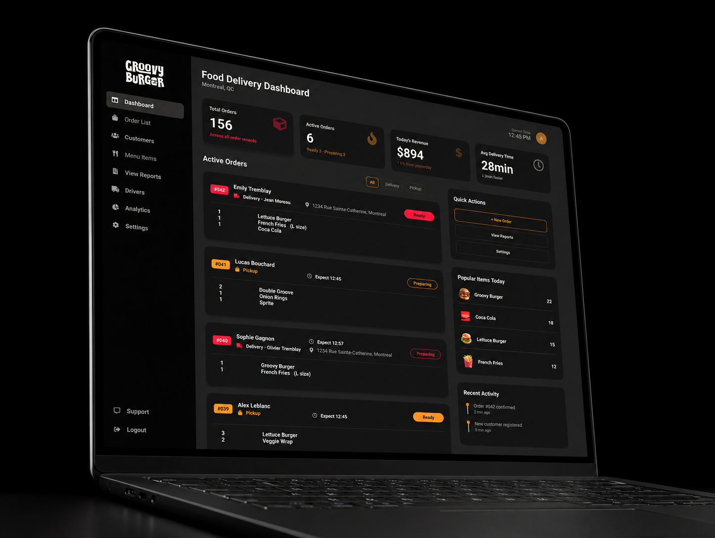 Groovy Burger UX Design dashboard shown on an angled notebook computer